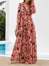 Damen Langarm Maxikleid mit V-Ausschnitt und gestuftem Rock mit Blumenmuster – Rosa