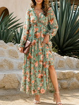Damen Langarm Maxikleid mit V-Ausschnitt und gestuftem Rock mit Blumenmuster – Grün