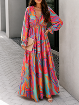 Damen Langarm Maxikleid mit V-Ausschnitt und gestuftem Rock mit Blumenmuster – Dunkelrosa