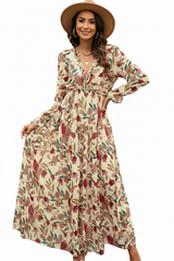 Damen Langarm Maxikleid mit V-Ausschnitt und gestuftem Rock mit Blumenmuster – Beige