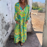 Damen Langarm Maxikleid mit V-Dekolleté und gemusterter Oberfläche – Gelb mit Muster
