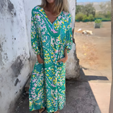 Damen Langarm Maxikleid mit V-Dekolleté und gemusterter Oberfläche – Grün mit Muster