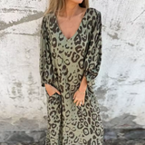 Damen Langarm Maxikleid mit V-Dekolleté und gemusterter Oberfläche – Khaki mit Leopardenmuster