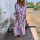 Damen Langarm Maxikleid mit V-Dekolleté und gemusterter Oberfläche – Rosa mit Muster