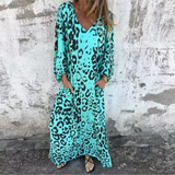 Damen Langarm Maxikleid mit V-Dekolleté und gemusterter Oberfläche – Türkis mit Leopardenmuster