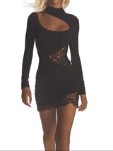 Damen Langarm Mini Kleid mit Cut-Out und Spitzendetails – Schwarz