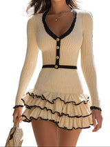 Damen Langarm Mini Kleid mit Knopfleiste und Rippstruktur – Beige
