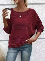 Damen Langarm Pullover mit Rundhalsausschnitt und Fledermausärmeln in horizontalen Streifen – Karmesinrot