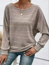 Damen Langarm Pullover mit Rundhalsausschnitt und Fledermausärmeln in horizontalen Streifen – Khaki