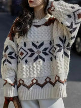 Damen Langarm Pullover mit Rundhalsausschnitt und Schneeflocken-Motiven in geometrischen Mustern – Weiß