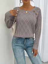 Damen Langarm Pullover mit Rundhalsausschnitt und Zopfmuster mit dekorativen Knöpfen – Rosébraun