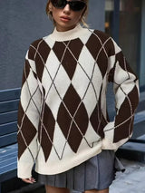Damen Langarm Pullover mit Stehkragen und Rautenmuster – Braun