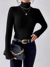 Damen Langarm Rollkragenpullover mit vertikalem Rippmuster – Schwarz