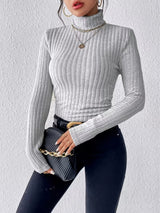 Damen Langarm Rollkragenpullover mit vertikalem Rippmuster – Silbergrau