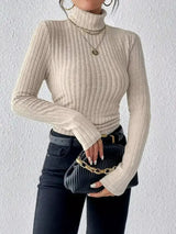 Damen Langarm Rollkragenpullover mit vertikalem Rippmuster – Weiß
