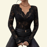 Damen Langarm Spitzenbluse mit V-Ausschnitt und gewellter Kante – Schwarz