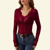 Damen Langarm Spitzenbluse mit V-Ausschnitt und gewellter Kante – Dunkelrot