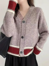 Damen Langarm Strickjacke mit V-Ausschnitt und Drei-Knopf-Leiste in melierter Oberfläche – Mauve