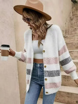Damen Langarm Strickjacke mit V-Ausschnitt und horizontalen Blockfarben-Streifen – Rosa