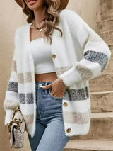Damen Langarm Strickjacke mit V-Ausschnitt und horizontalen Blockfarben-Streifen – Weiß