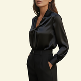 Damen Langarmbluse mit Kragen und drapiertem Frontdetail – Schwarz