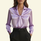Damen Langarmbluse mit Kragen und drapiertem Frontdetail – Lila
