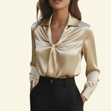Damen Langarmbluse mit Kragen und drapiertem Frontdetail – Beige