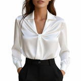 Damen Langarmbluse mit Kragen und drapiertem Frontdetail – Weiß