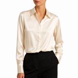 Damen Langarmbluse mit Kragen und Knopfleiste sowie Rückenpasse – Creme
