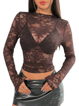 Damen Langarmshirt aus Spitze mit Stehkragen – Schokoladenbraun