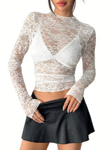 Damen Langarmshirt aus Spitze mit Stehkragen – Weiß