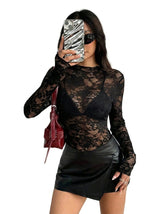 Damen Langarmshirt aus Spitze mit Stehkragen – Schwarz
