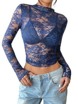 Damen Langarmshirt aus Spitze mit Stehkragen – Dunkelblau