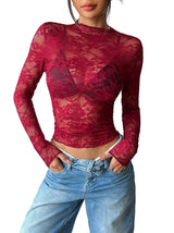 Damen Langarmshirt aus Spitze mit Stehkragen – Bordeaux