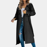 Damen Langer Trenchcoat mit Knopfdetails – Schwarz