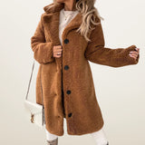 Damen Teddymantel lang mit Knöpfen – Braun