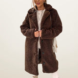 Damen Teddymantel lang mit Knöpfen – Dunkelbraun