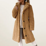 Damen Teddymantel lang mit Knöpfen – Khaki