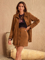 Damen Lange Jacke und Minirock Set mit Hemdkragen und Knopfleiste – Karamell