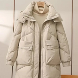 Damen Lange Steppjacke mit Stehkragen Verdecktem Reißverschluss Pattentaschen und Langen Ärmeln – Cremefarben