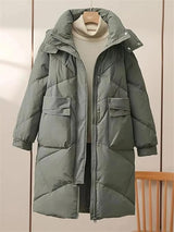 Damen Lange Steppjacke mit Stehkragen Verdecktem Reißverschluss Pattentaschen und Langen Ärmeln – Grau