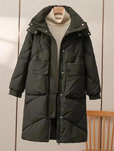 Damen Lange Steppjacke mit Stehkragen Verdecktem Reißverschluss Pattentaschen und Langen Ärmeln – Schwarz
