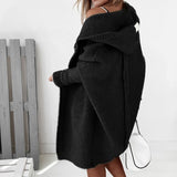 Damen lange Strickjacke mit Kapuze offener Front und strukturierten Bündchen – Schwarz