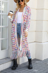 Damen Lange Strickjacke mit Offener Front Fransenabschluss und Mehrfarbigem Muster – Weiß