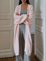 Damen Lange Strickjacke mit Offener Front und Pile Oberfläche – Rosa