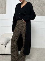 Damen Lange Strickjacke mit Offener Front und Pile Oberfläche – Schwarz