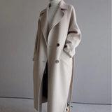 Damen Langer Mantel mit Breitem Reverskragen Zweireihiger Knopfleiste und Taillengürtel – Beige