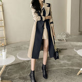 Damen Langer Mantel mit Zweifarbigem Farbblock und Reverskragen mit Bindegürtel – Beige