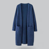 Damen Langer Offener Strickjacke mit Taschen – Blau