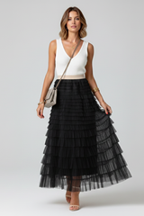 Damen langer Rock mit gestuften Mesh-Lagen und elastischem Bund – Schwarz